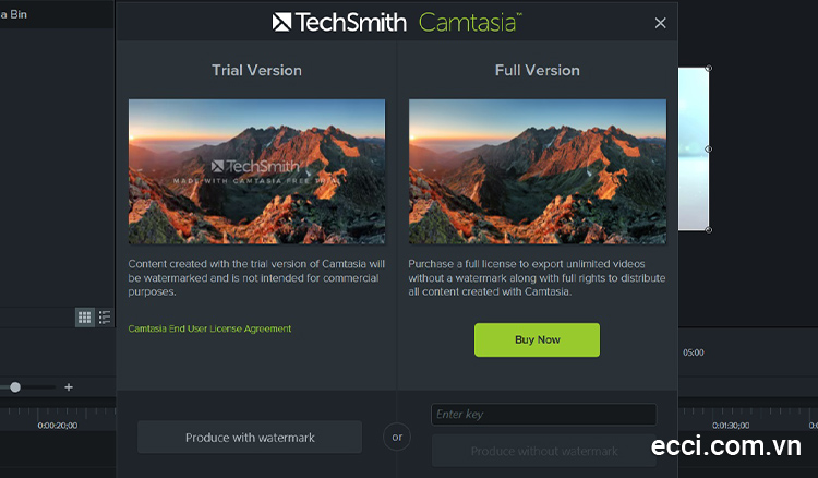 Chọn Product With Watermark nếu muốn đi lại video miễn phí có gắn logo Camtasia