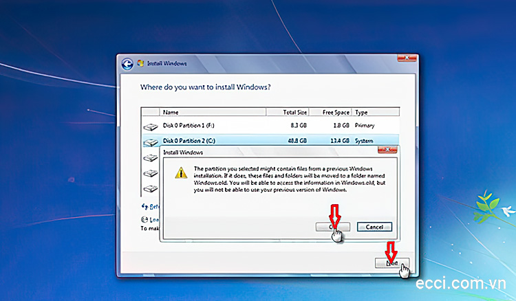 Nhấn OK để đồng ý cài đặt đè Win 7 lên bản Windows đang chạy trên máy
