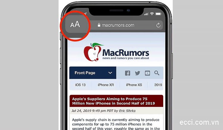 Biểu tượng aA dùng để chỉnh cỡ chữ trong trình duyệt Safari iPhone