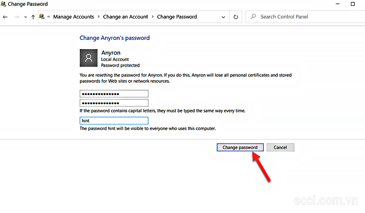 Sửa đổi mật khẩu cho tài khoản Admin trên Win 10