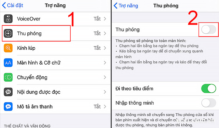 Nhấn vào nút công tắc tại mục Thu phóng để kích hoạt tính năng này trên iPhone