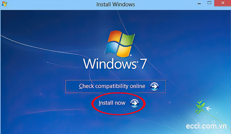 Click vào nút mũi tên tại mục Install now để bắt đầu cài đặt Win 7