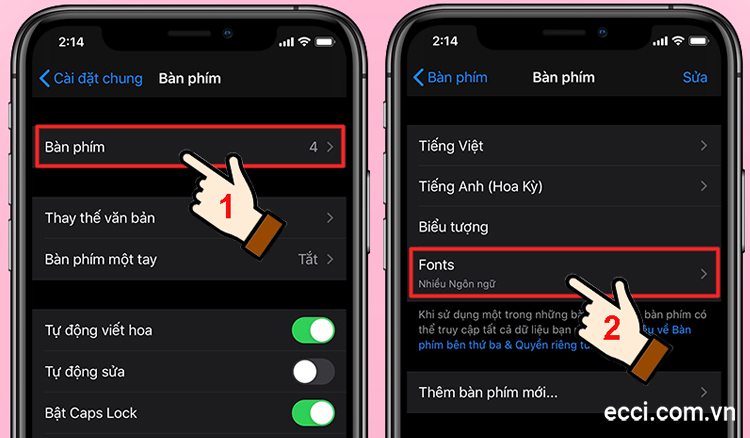 Nhấn vào tùy chọn Bàn phím rồi chọn mục Fonts trên iPhone