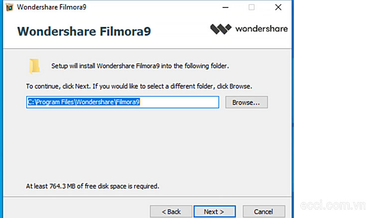 Lựa chọn thư mục cài đặt Filmora 9 và nhấn Next