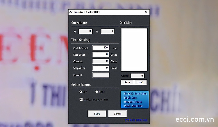Free Auto Clicker có khả năng mô phỏng lại thao tác click chuột phải hoặc trái tại bất cứ cửa sổ hay màn hình nào