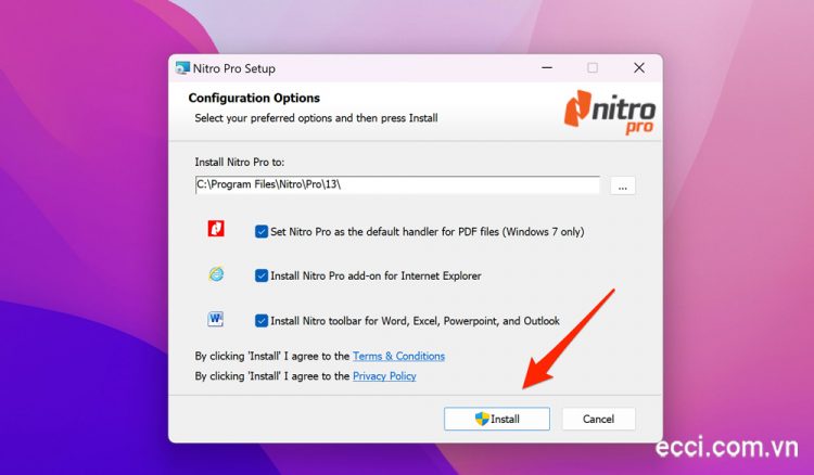 Bước 3: Tại cửa sổ Setup vừa hiện ra, click vào nút Install để tiến hành cài đặt phần mềm Nitro Pro Enterprise