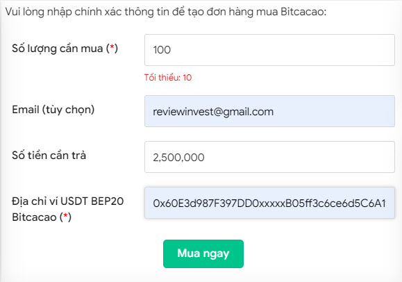 Điền đơn mua Bitcacao