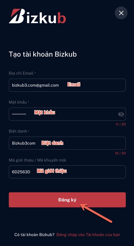 Thông tin đăng ký tài khoản Bizkub